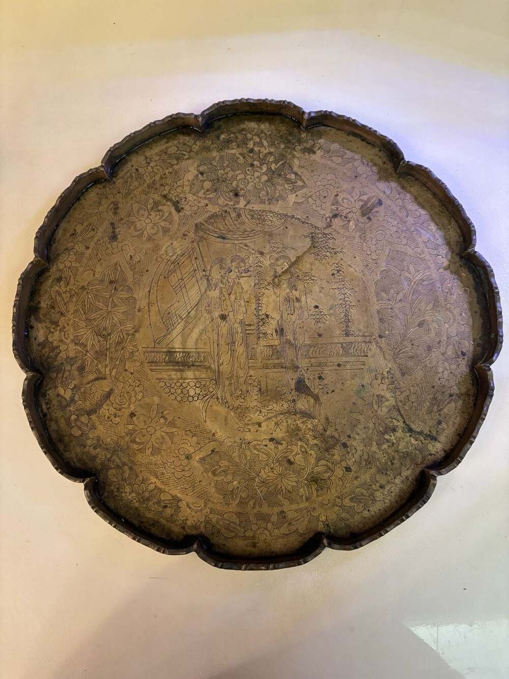 Antique Chinese Etched Brass Scalloped Decorative Tray